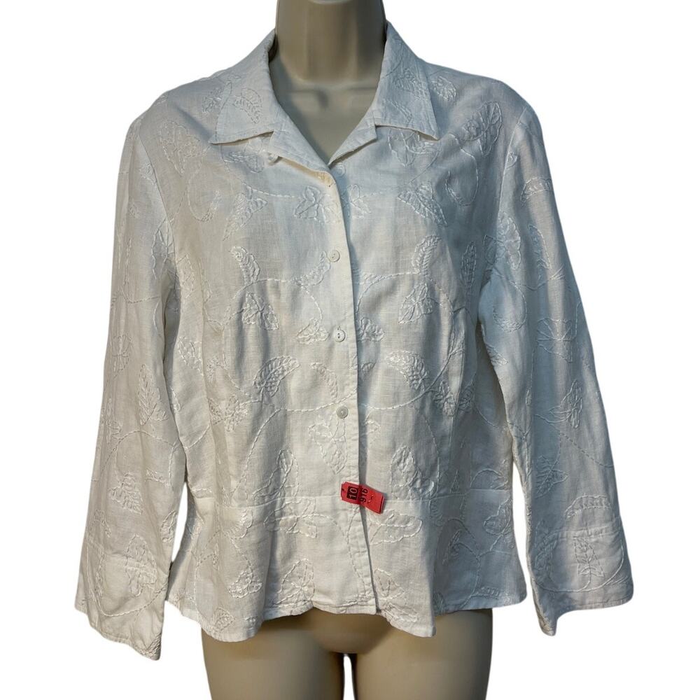 Jones New York Signature‎ White Short Button Up Embroidered Blouse/Jacket Large